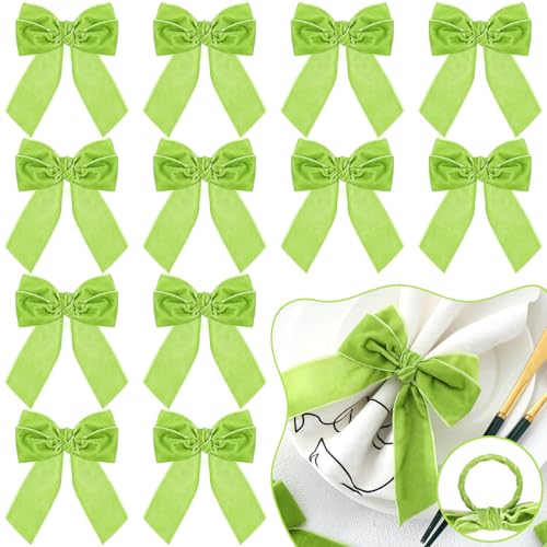 Maxdot 12 Pcs Bow Napkin Rings Set, Velvet Napkin Holders Buckles 4 x 4.9 Inch Serviette Rings for Family Dinner, Wedding, Party, Banquet, Table Decorations (Green)