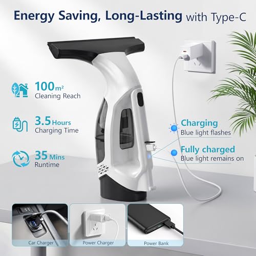 Electric Window Vacuum Squeegee with Extendable Pole - Cream, 31-40 Inch Reach