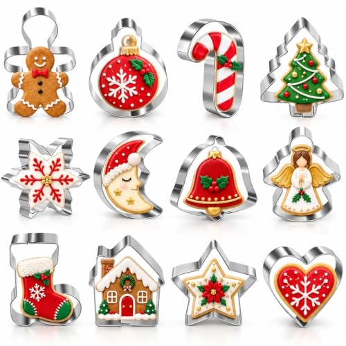 KAISHANE Style2 Mini Christmas Cookie Cutters Set - 12 Stainless Steel Shapes