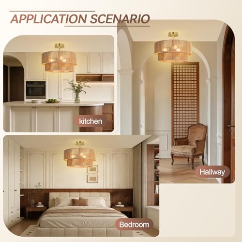 Brown 16.54-Inch Boho Rattan Ceiling Light Fixture - Semi Flush Mount for Bedroom, Dining, Kitchen