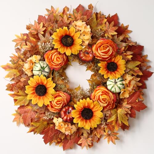 28-Inch Artificial Maple Leaves Fall Wreath for Front Door - Autumn Decor