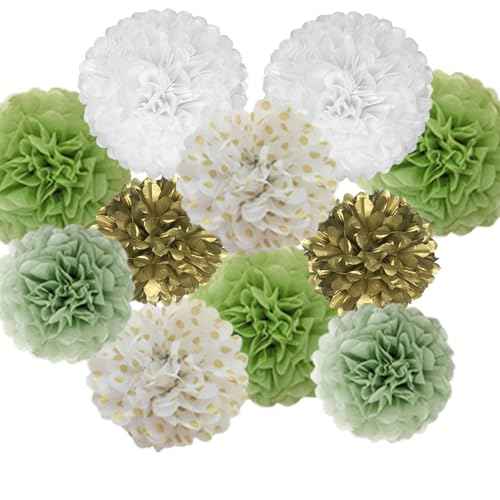 Kuailaihai 12pcs Sage Green Party Decorations, Paper Pom Poms for Boho Wedding Birthday Summer Retirement Party Indoor and Outdoor Backdrop, 10in and 12in Multi-Size Decorations (4 Colors)