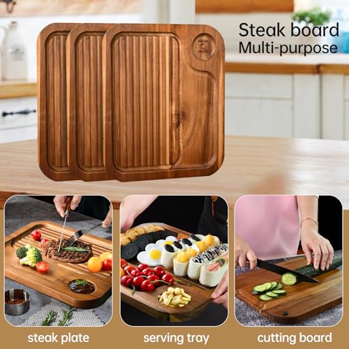 4 pcs Acacia Wood Steak Plates - Carnivore Meat Cutting & Serving Boards