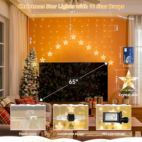 Woohaha Christmas Star Icicle Curtain Lights 118LED Warm White - Outdoor Indoor Decor