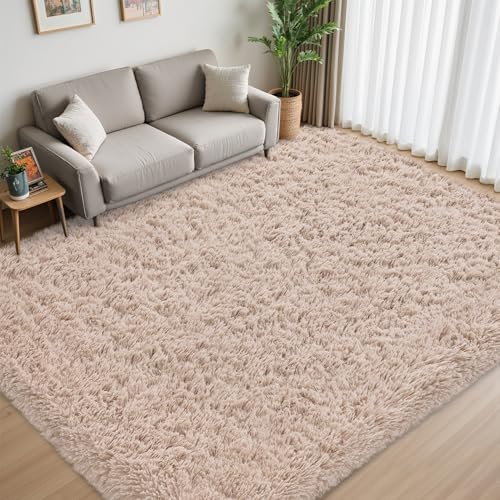 Beige 8x10 Fluffy Shag Area Rug for Living Room & Bedroom, Non-Slip