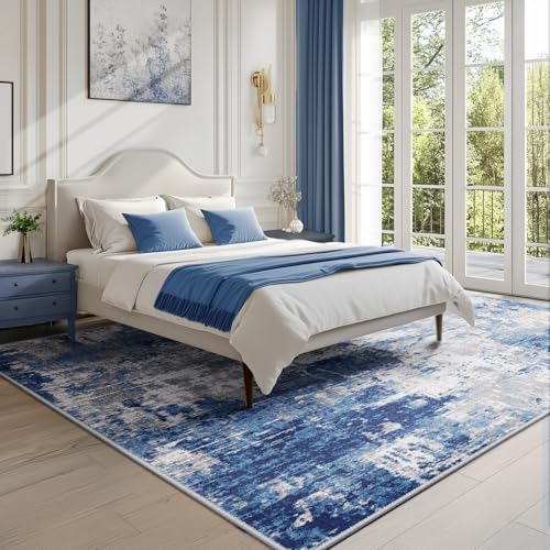 RELEANY Blue/Gray 5'x8' Modern Abstract Washable Area Rug for Living Room