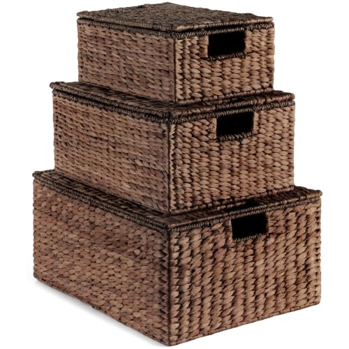 Set of 3 Large Hyacinth Storage Baskets Brown - Multi-Purpose Organizer Totes with Handles & Removable Lid