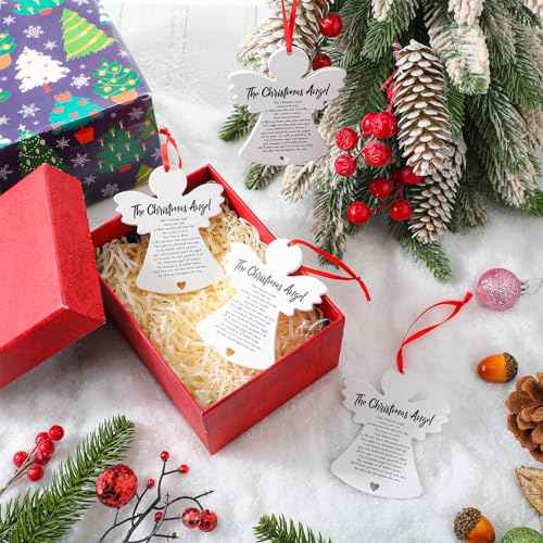 Barydat 12 Pcs Christmas Wooden Angel Ornaments Angel Hanging Ornaments for Christmas Tree Decoration Double Sided White Angel Pray Sign for Xmas Tree Fireplace Friend Family