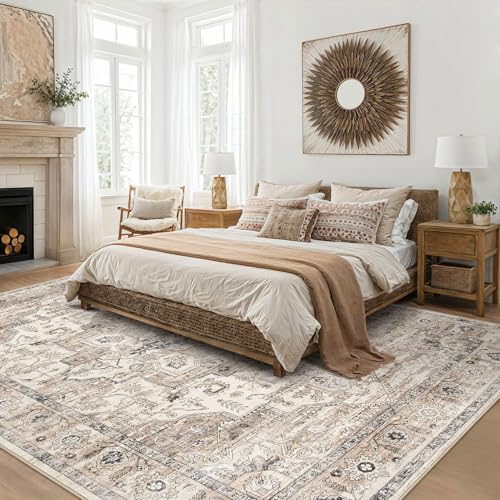 8x10 Washable Vintage Tea Brown Area Rug for Living Room - Non Slip, Easy Clean