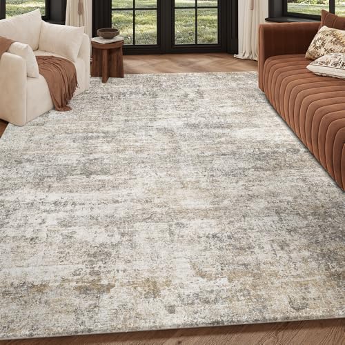 Grey Beige Washable Area Rug 9x12 for Living Room - Vintage Print, Non-Slip