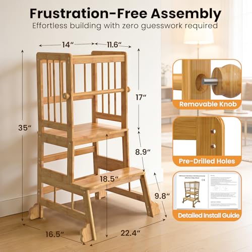 HBTower Kids Kitchen Step Stool with Safety Rails - Toddler Standing Tower, Eco-Friendly Bamboo, Easy Assembly