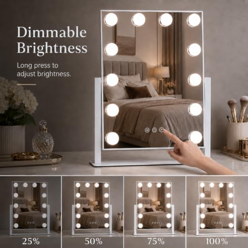 ZBOCAI Dimmable Vanity Mirror with Lights 12 Bulbs 16.4 x 13.1 inch - White Hollywood Makeup Mirror with Detachable 10X Magnifier
