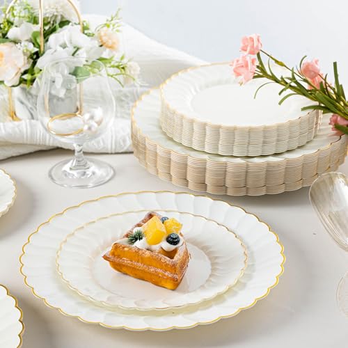 Ivory Scalloped Plastic Plates with Gold Rim - 96pcs Party & Wedding Set - Ivory 96pcs