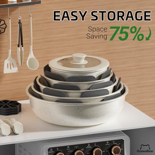 Cream White 23-Piece Non-Stick Pot and Pan Set with Detachable Handles - Space Saving Cookware