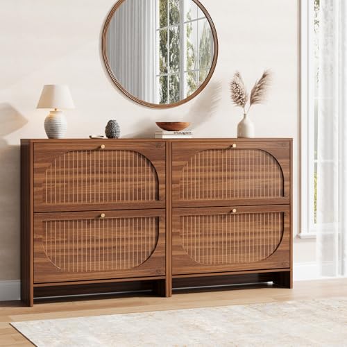 Nicetree Arch-Chic Shoe Cabinet - Narrow Fluted Entryway Storage, Adjustable Shelves, Walnut Finish - Luminous Walnut / 2 Flip Drawer