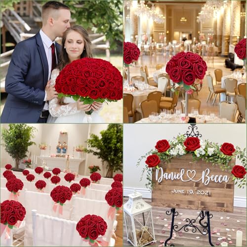 Red Artificial Roses 50 Pcs - Real Touch Velvet Flowers for Home Decor and Gifts