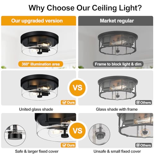 Matte Black 2-Light Farmhouse Flush Mount Ceiling Light with Clear Glass Shade