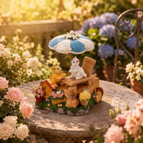 Cat Music Box with Rotating Umbrella, Hand-Painted Resin Figurine