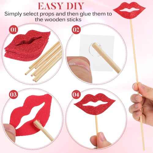 Amosfun 20pcs Red Lips Photo Booth Props Tea Party Decorations Glitter Photo Props for Wedding Anniversary Birthday Party Cake Decoration