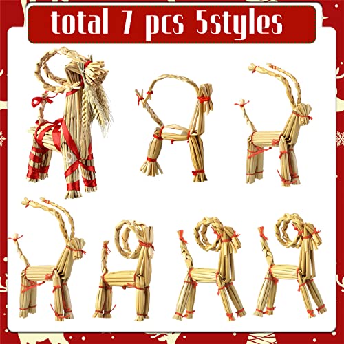 7 Pcs Scandinavian Straw Goat Christmas Ornaments Set - Nordic Holiday Decorations