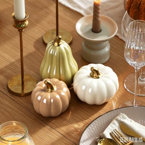 Set of 3 Modern Ceramic Pumpkins Fall Decor - Neutral Tones