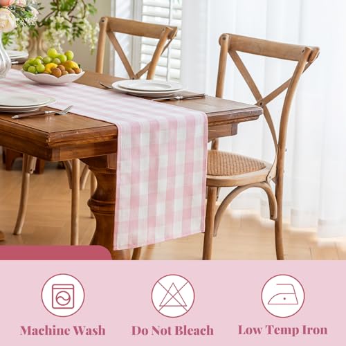 Alsoo Pink 90" x 13" Gingham Table Runner - Farmhouse Cotton Linen Decor