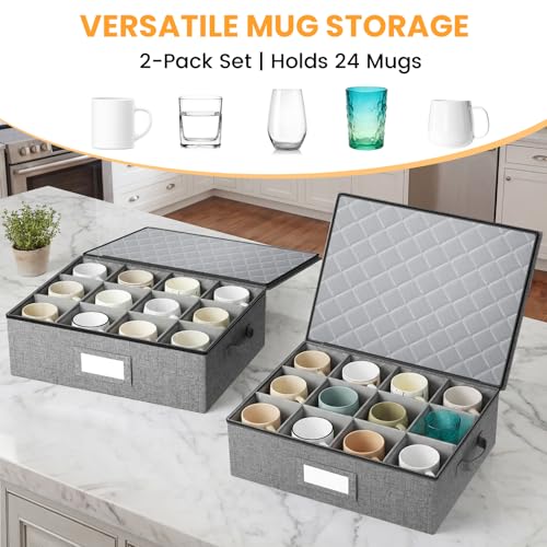 Mug Storage Box 2 Pack - Hard Shell Divider Organizer for Coffee Mugs & Glasses, Stackable Kitchen & Moving Storage