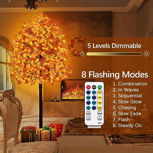 Remon 7FT Fall Maple Tree Light 170 LEDs with 17 Acorns, Remote, 8 Modes, Outdoor Decor