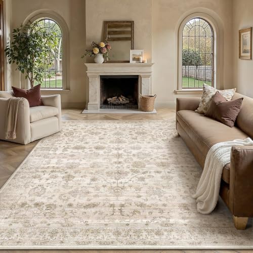 Vintage Beige Washable Area Rug 8x10 - Farmhouse Style, Low Pile, Non-Slip Backing