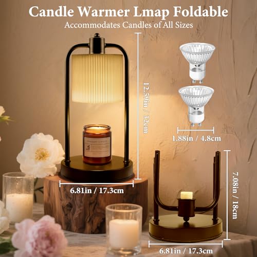 Striped Linen Candle Warmer Lamp with Timer, Dimmable, Space-Saving Design