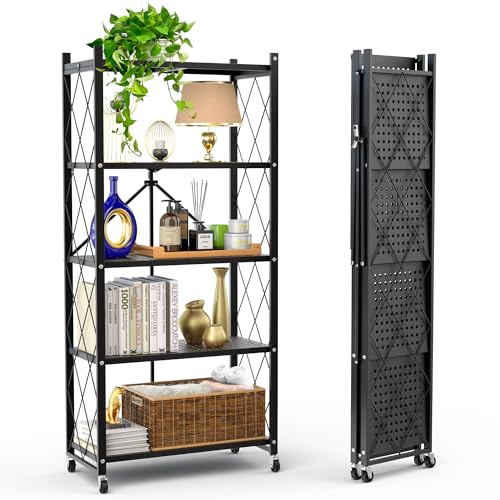 Black 5-Tier Foldable Storage Shelf with Wheels - Collapsible Metal Rack for Kitchen, Pantry & Closet