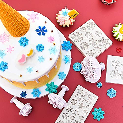 Patelai 6-Piece Snowflake Silicone Molds & Plunger Cutters for Fondant, Chocolate & More