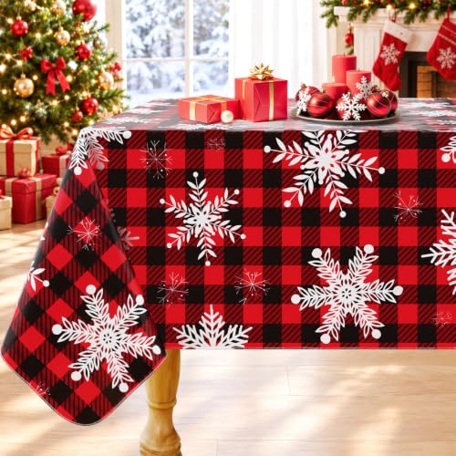 Smiry Black & Red 60" x 120" Wipeable Buffalo Check Vinyl Tablecloth with Flannel Backing