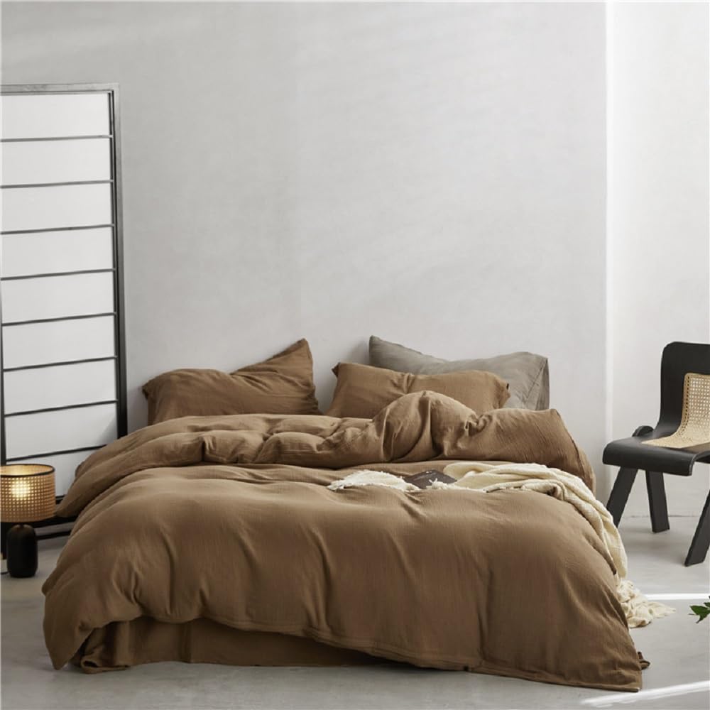 Erwinmu Muslin Duvet Cover Set 100% Cotton Queen Size,Double-Layer Linen Like Gauze Comforter Cover Brown 3 Pieces,Okeo-tex 100 Certified Duvet Cover 90"x90" with 2 Pillowcases for All Season