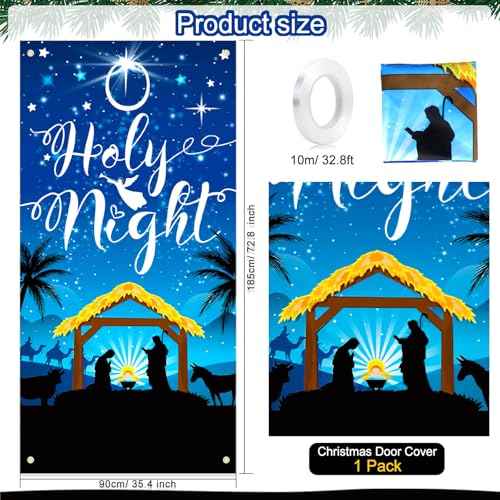 HOWAF Christmas O Holy Night Door Cover - Navy Blue Nativity Scene Banner for Xmas Party Supplies