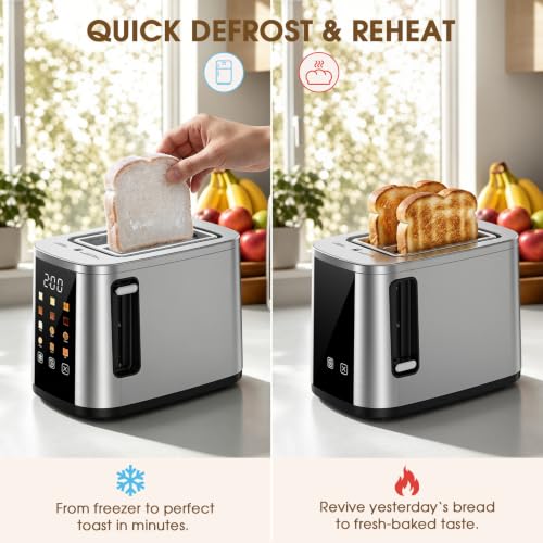 Foyoconven 2-Slot Stainless Steel Toaster with Touch Screen, 1.5 Inch Wide Slots, Digital Timer & 6 Shade Settings