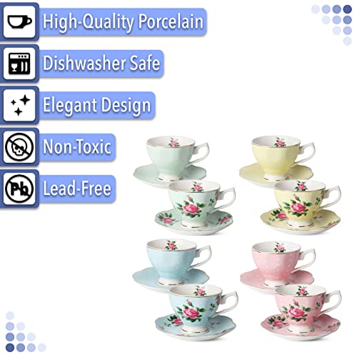 Multicolor Floral Tea Cup & Saucer Set of 8, 8 oz Porcelain Coffee Teacups with Gold Trim