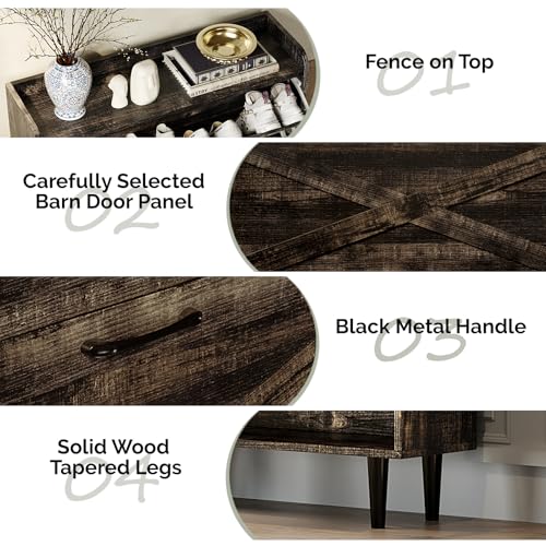 VINGLI Farmhouse Dark Rustic Oak Shoe Storage Cabinet with 2 Flip Drawers, Slim Entryway Organizer