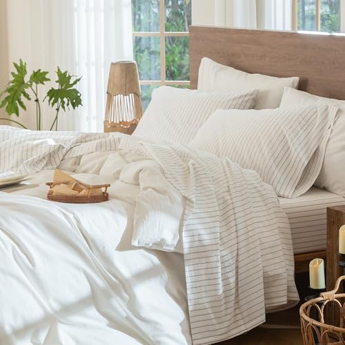 MooMee Wide Stripes Queen Sheet Set - White & Linen Grey 100% Washed Cotton
