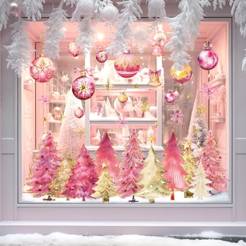 Christmas Window Clings Pink Gold Xmas Tree Ball Snowflake Window Stickers Double-Side Glass Decals for Home Party Supplies, 7.9 x 11.8 Inch, 9 Sheets