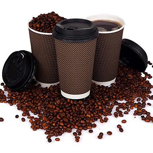 Brown Disposable Coffee Cups with Lids 16 oz - Ripple Insulated Paper Cups, 80 Pack