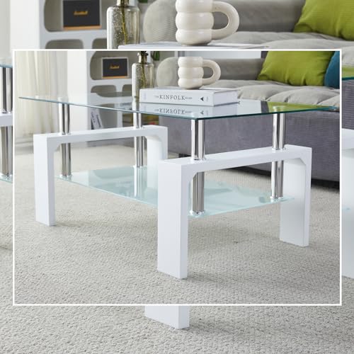 White Rectangle Glass Coffee Table - Modern Living Room Accent Furniture