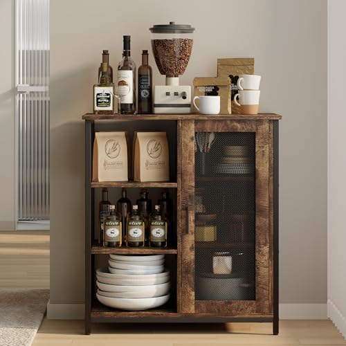 Rustic Brown Coffee Bar Cabinet with Adjustable Shelves and Door - 27.5" W
