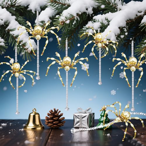 Lunmon 6 Pcs Christmas Crystal Spider Ornaments, Gold & White, 6.3 Inches