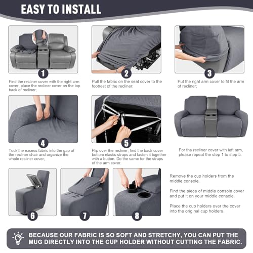 Loveseat Recliner Cover with Console - Dark Gray, 2 Seater Slipcover with Pockets