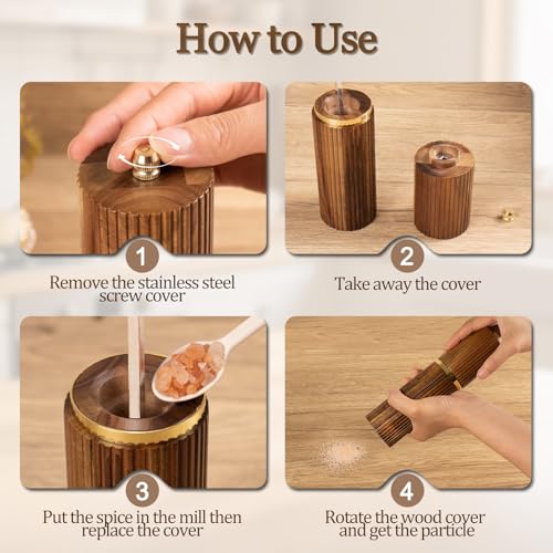 2 Pack Acacia Wood Salt and Pepper Grinder Set - Adjustable Ceramic Core, Gold Accents