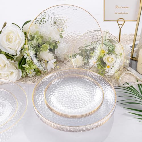 Clear Gold Plastic Dinnerware Set for 25 Guests - Hammered Plates & Cutlery