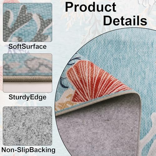 Ocean Blue Coastal Area Rug 8'x10' Washable Non-Slip Nautical Home Decor
