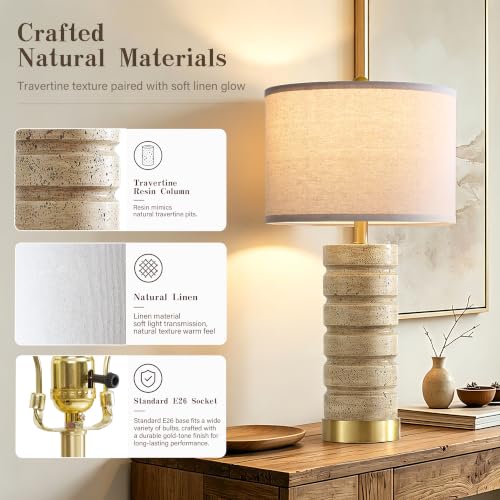 AIEAMPDO 26-Inch Set of 2 Travertine Resin Table Lamps with Brass Bases - Warm Beige