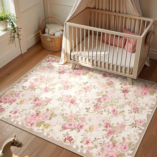 6x9 Feet Washable Nursery Rug - Pink Floral Farmhouse Area Rug with Non-Slip Backing